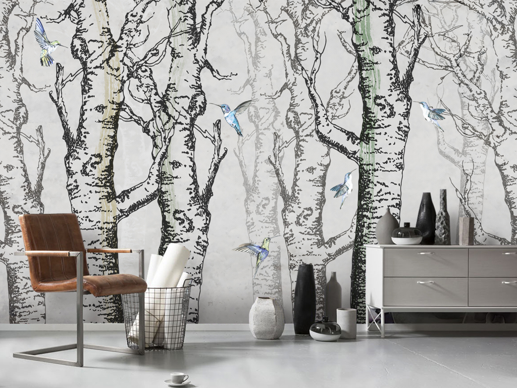 现代手绘树林蜂鸟花鸟北欧简约壁画背景墙