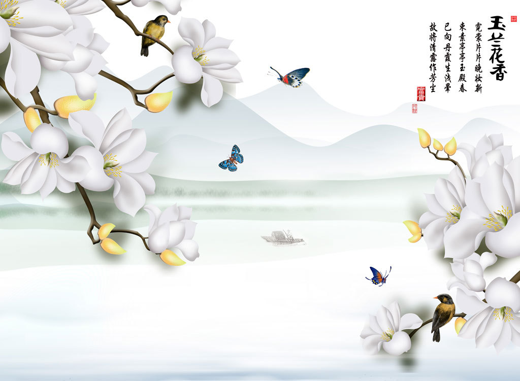 玉兰花香鸟儿鸣歌山水风景画背景墙psd