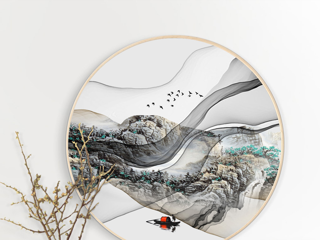 新中式意境抽象山水线条圆形三联装饰画圆画