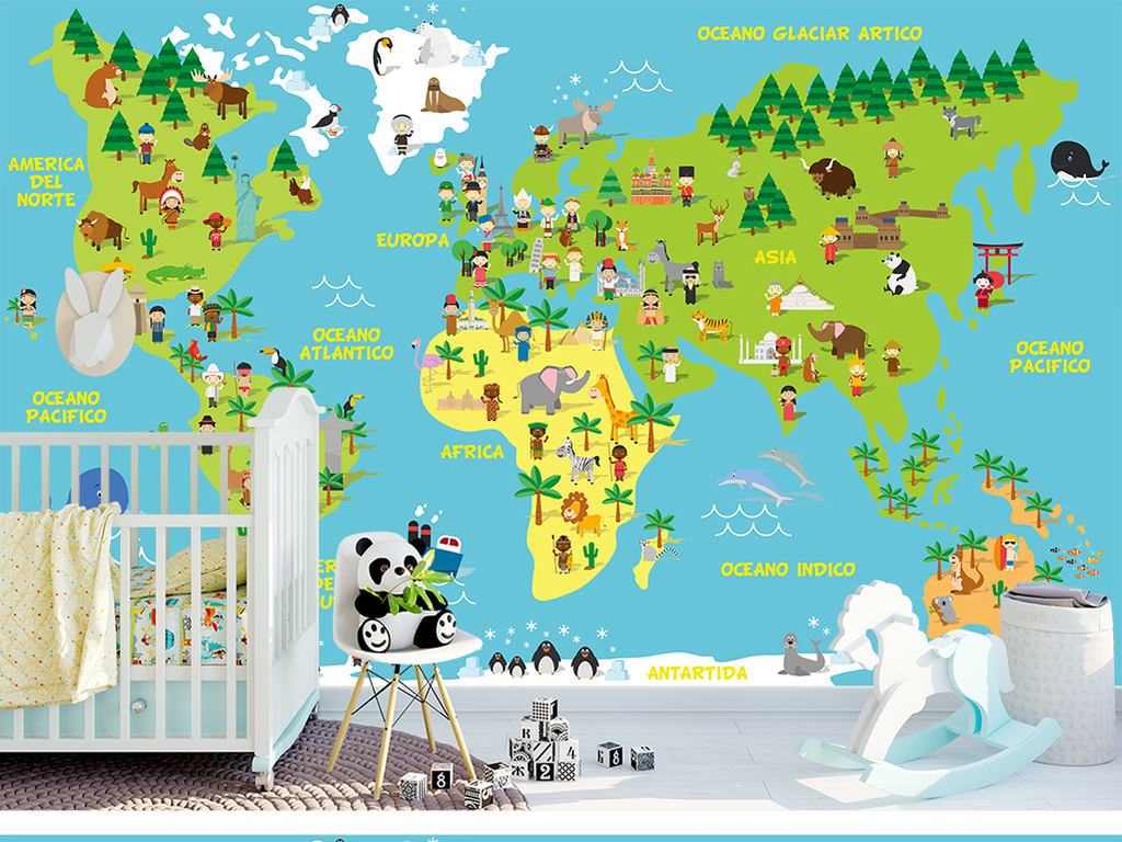 高清卡通儿童世界旅游地图背景墙