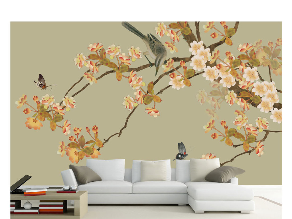 手绘中式工笔花鸟海棠花装饰画背景墙