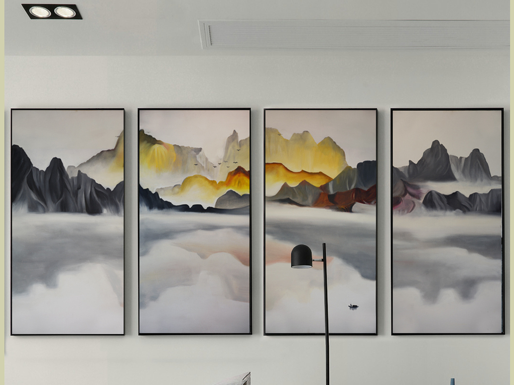 山光水色新中式风景写意装饰组合油画