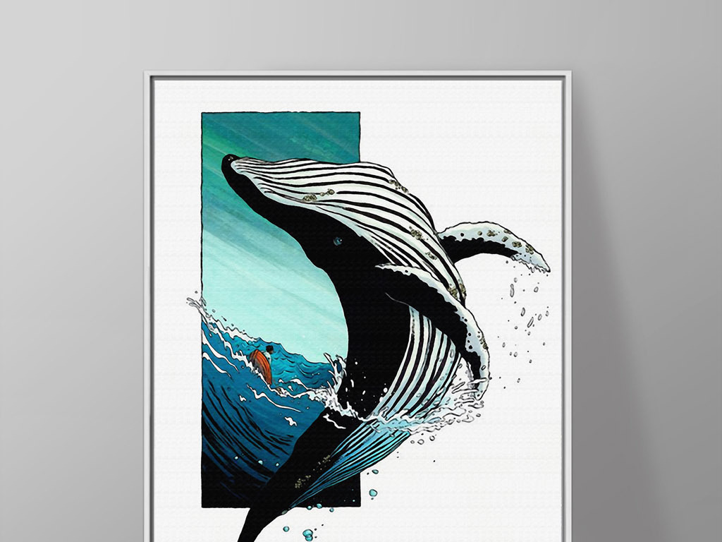 蓝鲸鱼跃出水面日式手绘北欧现代简约装饰画