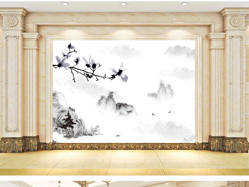 白玉兰工笔花新中式玄关背景墙装饰画