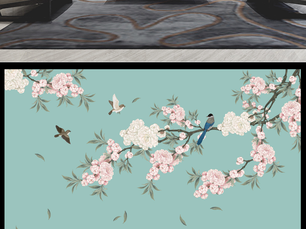 梅花桃花新中式手绘工笔花鸟背景墙装饰画