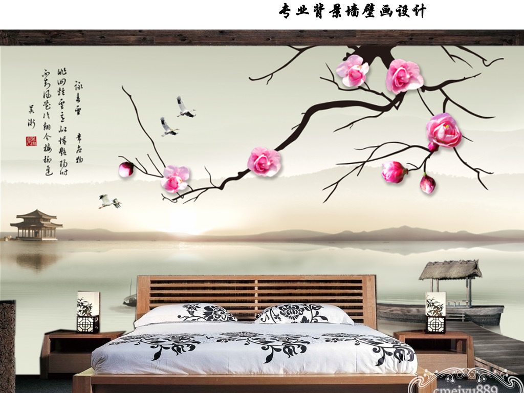 中式梅花山水江南风景画背景墙壁画