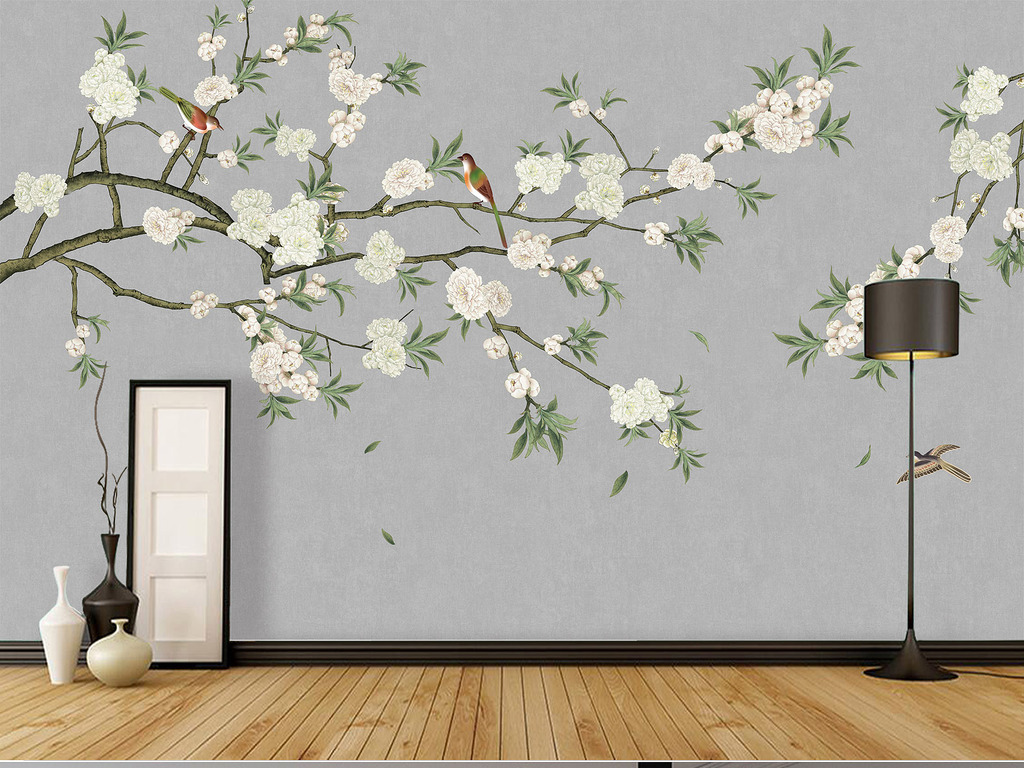 桃花新中式手绘工笔花鸟背景墙装饰画