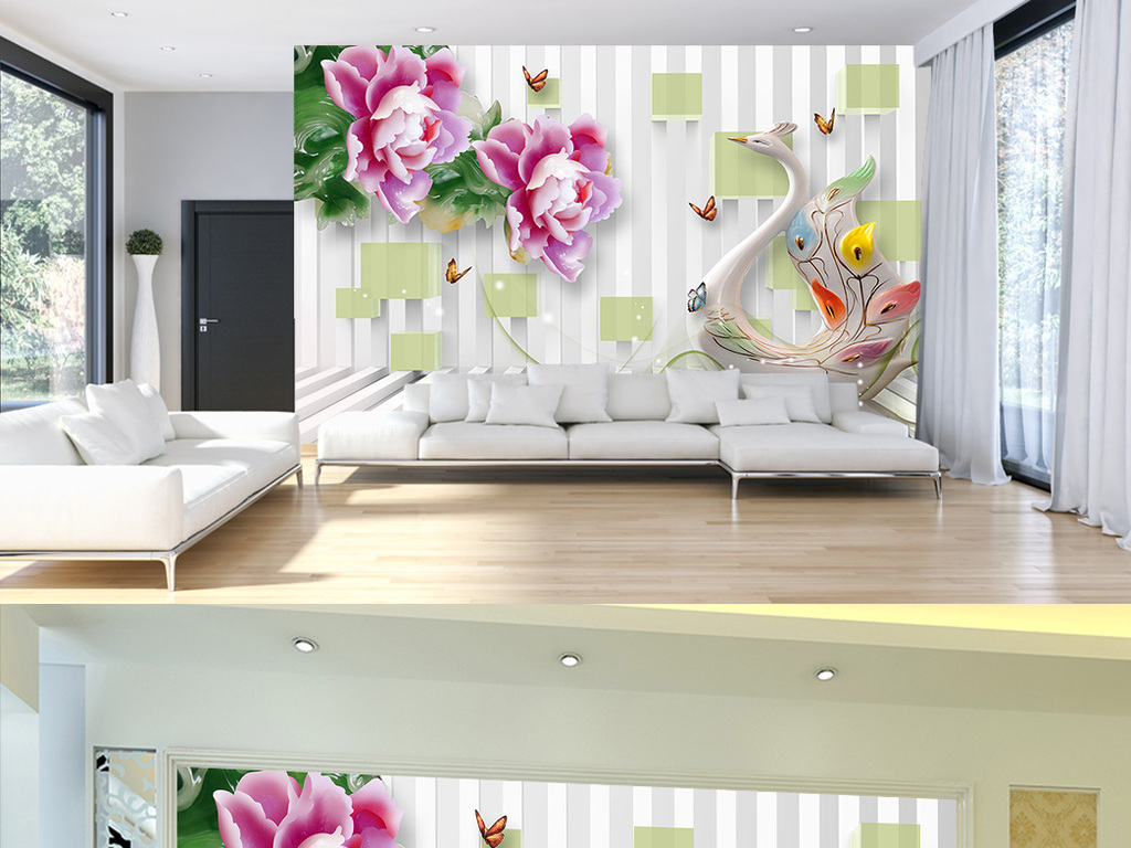 浮雕牡丹花朵天鹅3d立体客厅电视背景墙
