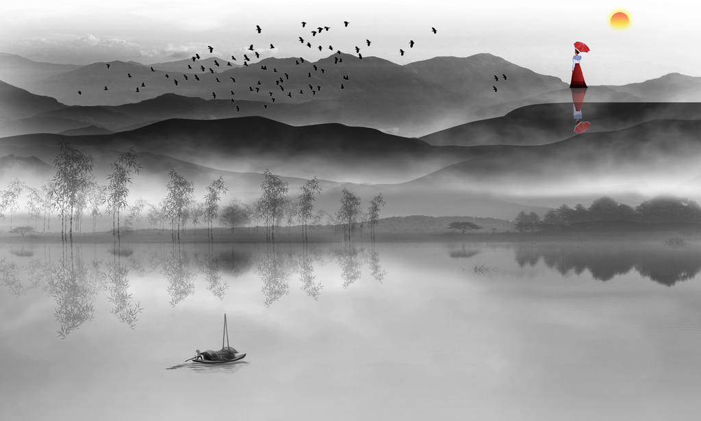 新中式中国风水墨山水意境水墨背景墙装饰画