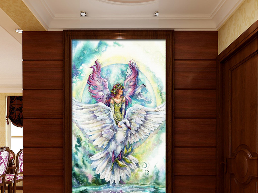 飞翔白鸽橄榄枝和平女神希腊神话玄关装饰画