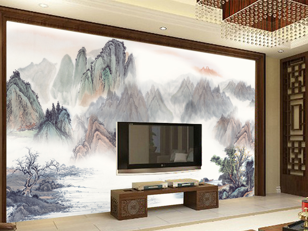 山水画中式电视背景墙