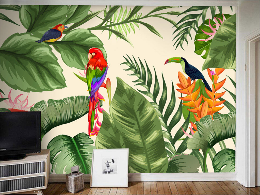 手绘美式复古热带植物鹦鹉背景墙壁画芭蕉