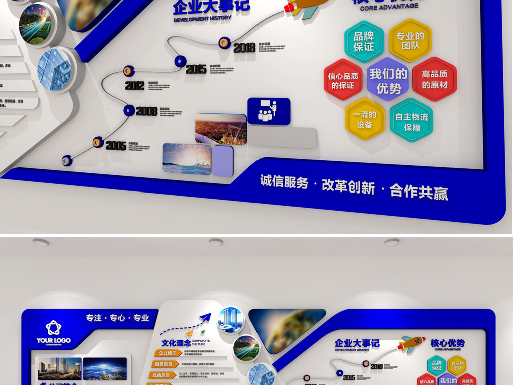 原创企业文化墙大气蓝色大型办公室形象墙模板版权可商用