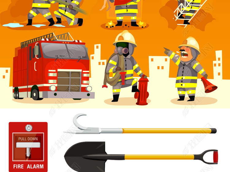 卡通消防员灭火安全救火工具矢量背景素材