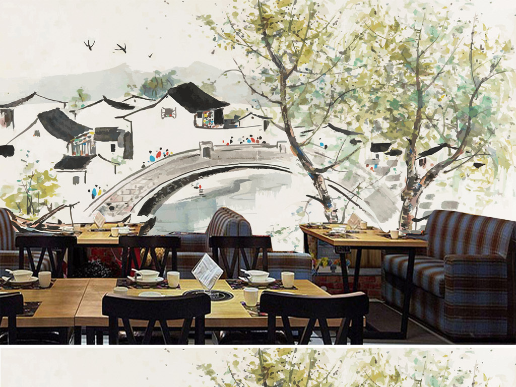 手绘吴冠中水墨画江南水乡背景墙装饰画