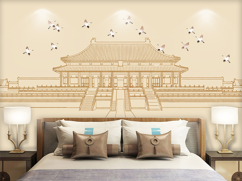 新中式手绘紫禁城故宫水墨山水工装背景墙