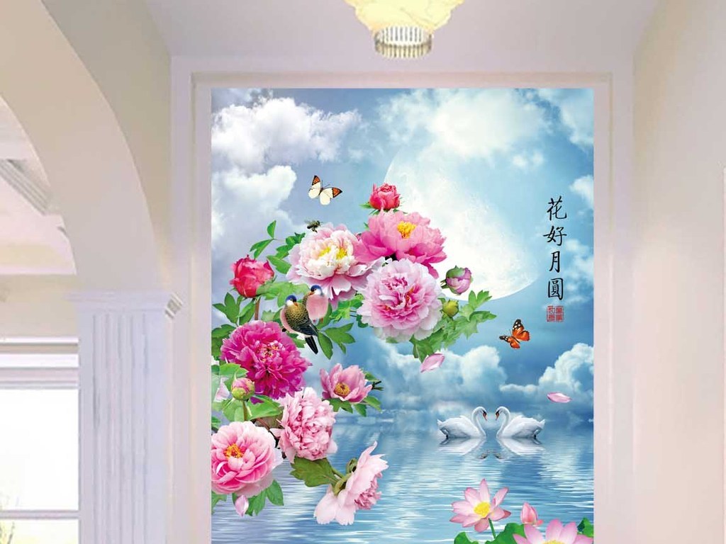 夜色美景花好月圆浪漫天鹅玄关背景墙风景画