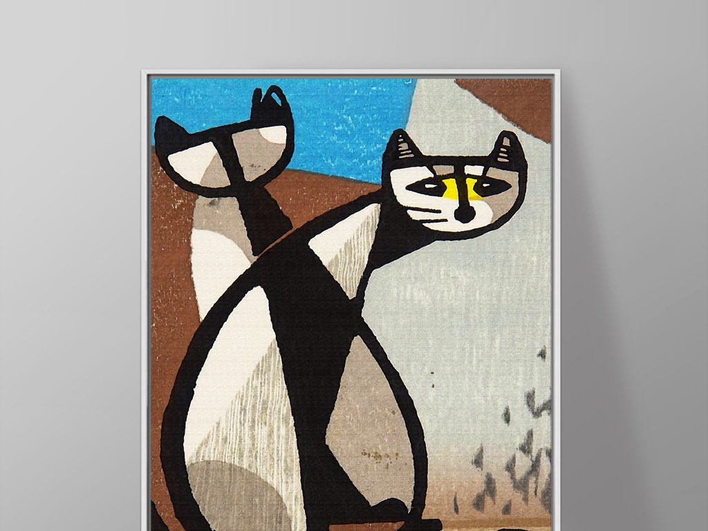 无框画 抽象图案无框画 > 两只猫咪再回首北欧清新手绘欧美简约装饰画