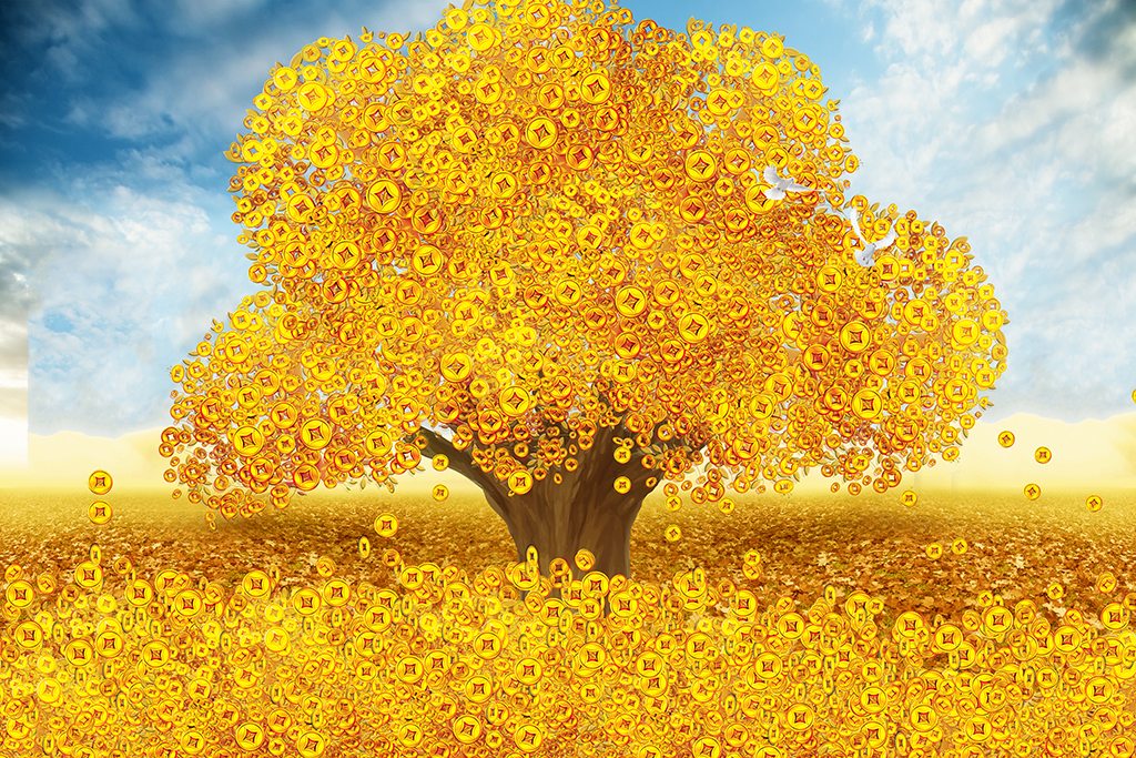 满地黄金招财宝发财树3D电视背景墙