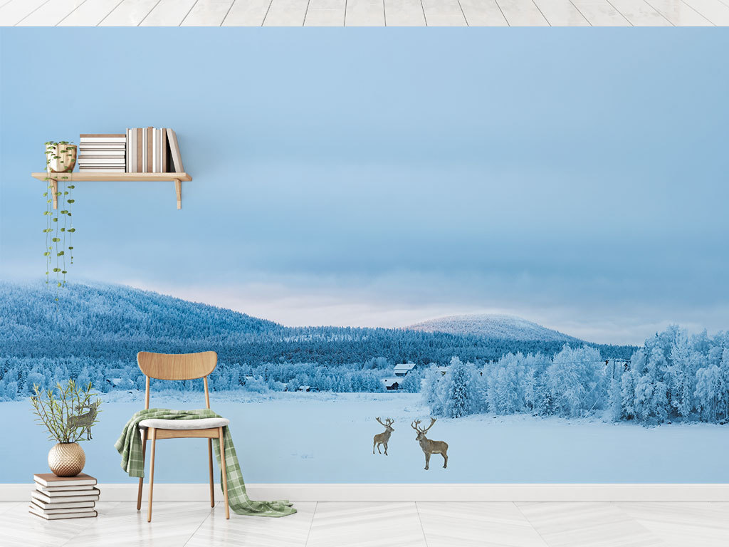 北欧简约唯美雪山风景麋鹿电视沙发背景墙
