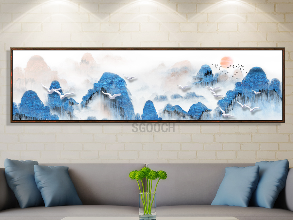 新中式抽象水墨山水立体油画横版装饰画床头