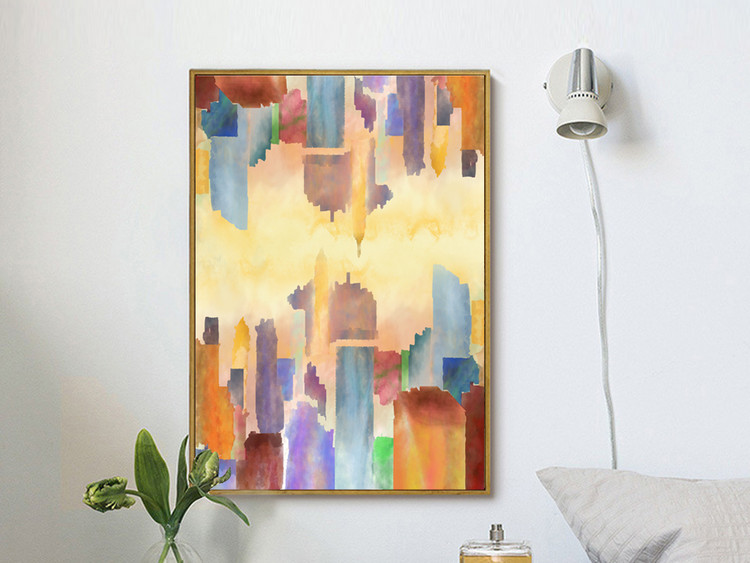 抽象水彩城市装饰画抽象手绘城市建筑装饰画