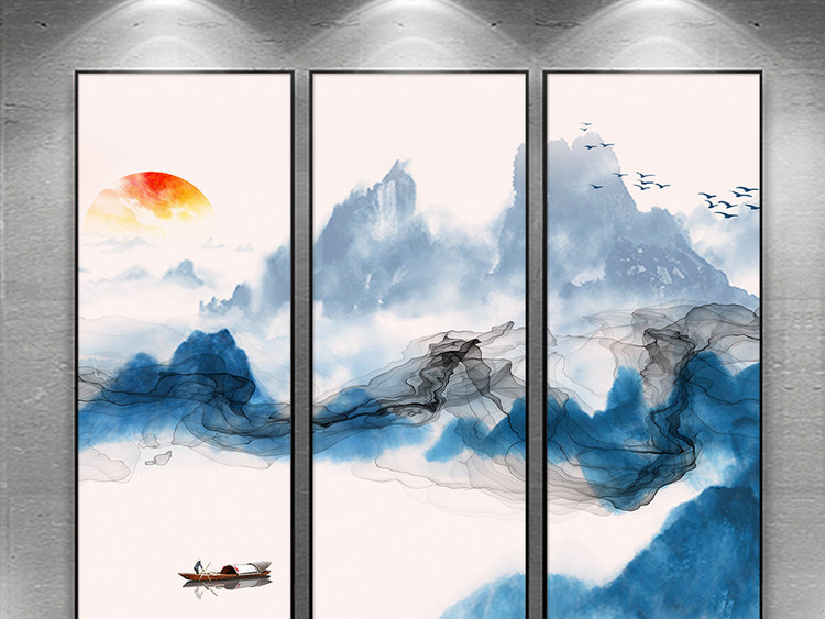 新中式蓝色抽象水墨灵动山水线条古风装饰画