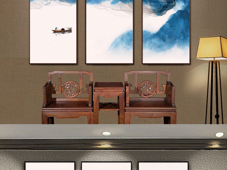 新中式蓝色抽象水墨灵动山水线条古风装饰画