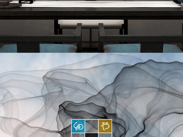 新中式蓝色抽象水墨灵动山水线条古风装饰画