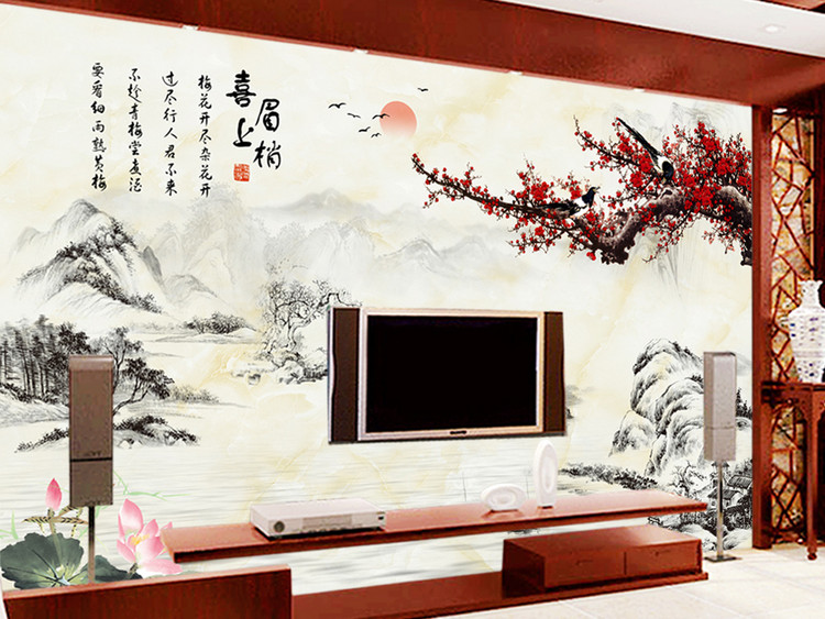 喜上眉梢梅花大理石中式电视背景墙