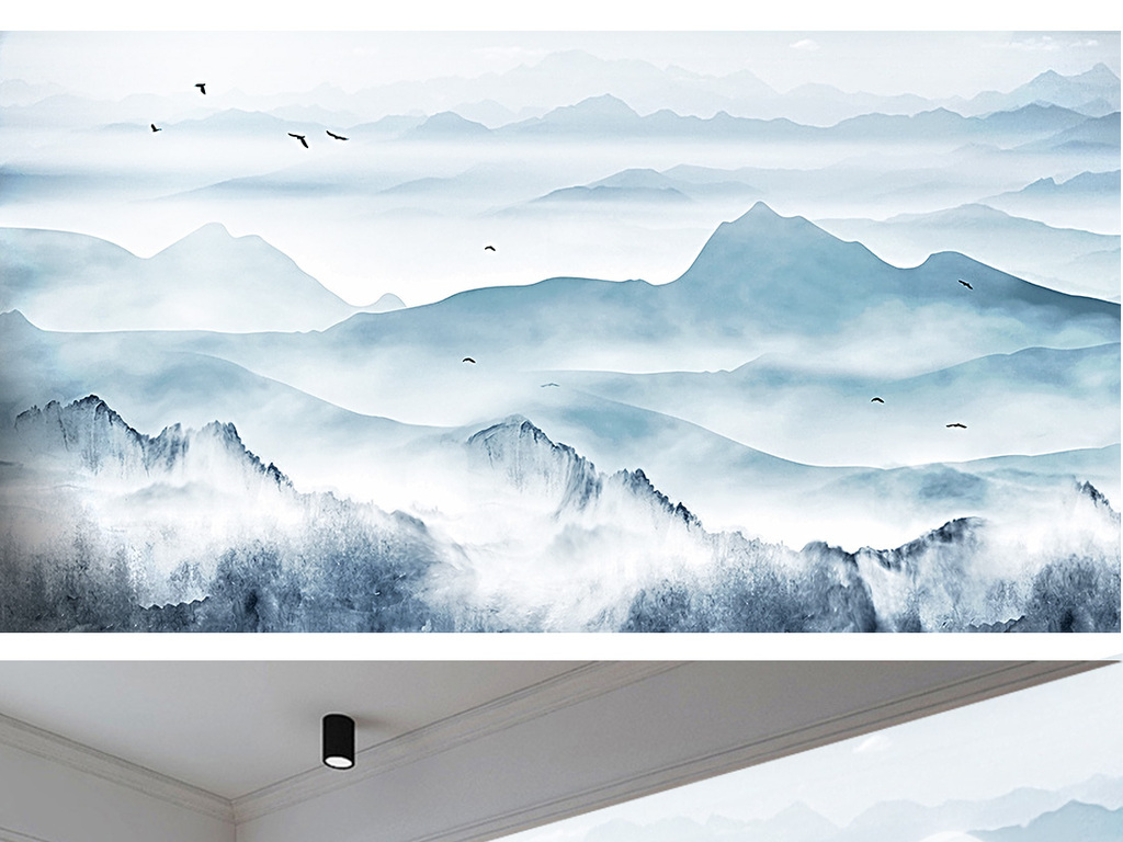 新中式禅意水墨山水画电视沙发背景墙