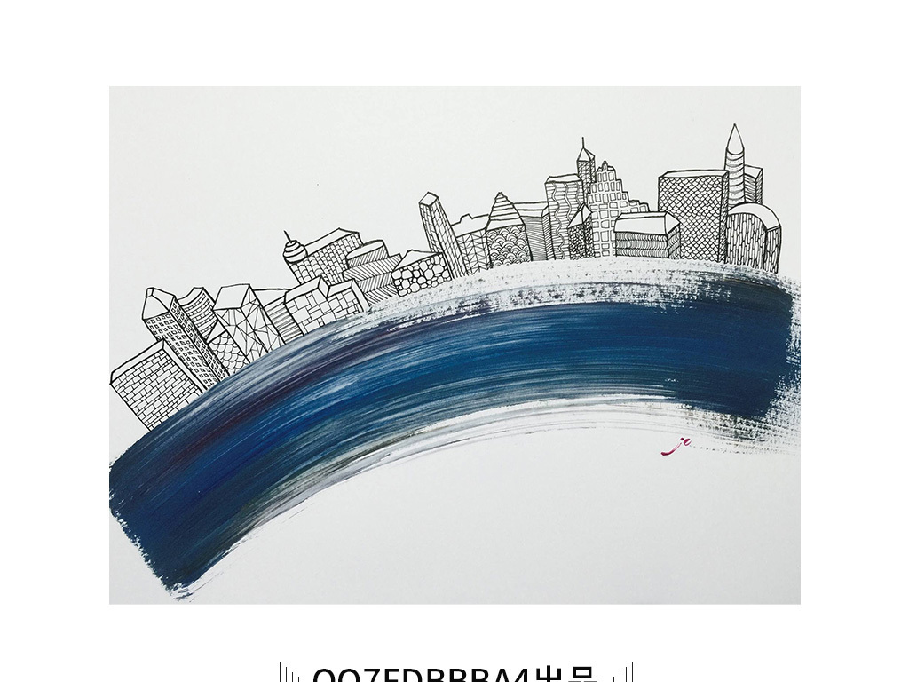 蓝色水墨笔刷素描建筑城市抽象装饰画