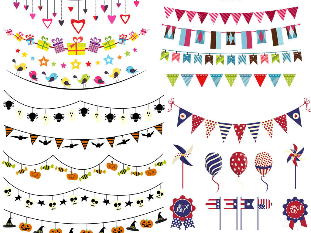 可爱卡通庆祝生日快乐彩旗免扣PNG素材