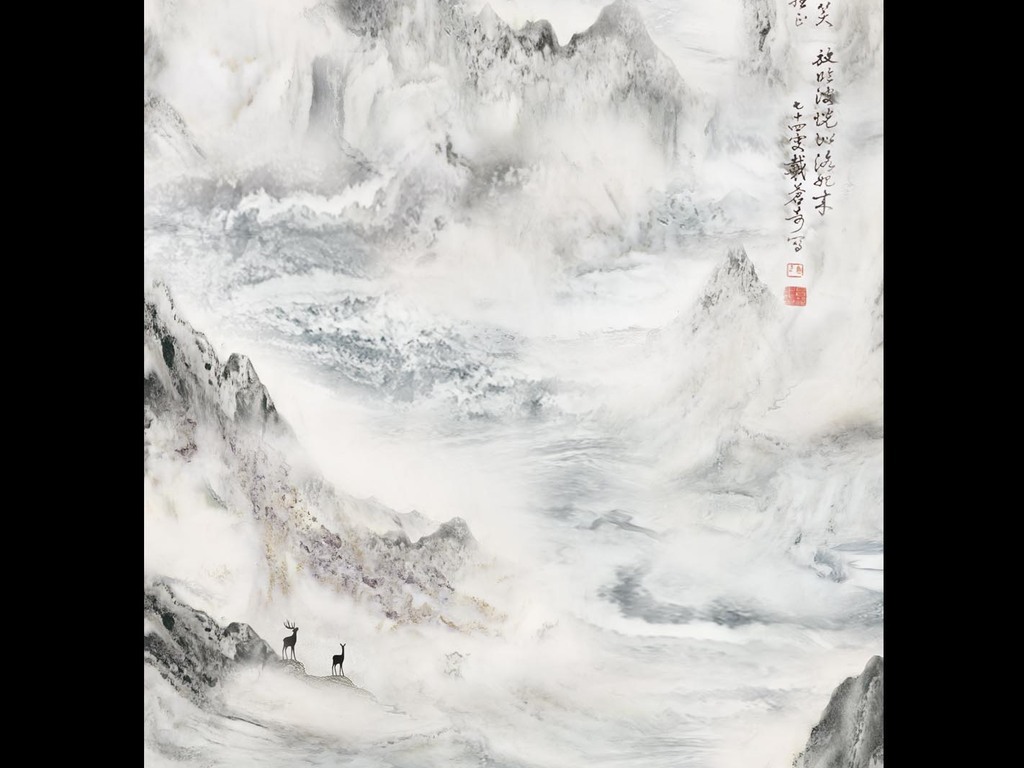 大理石纹中式水墨山水画江山如画石材玄关