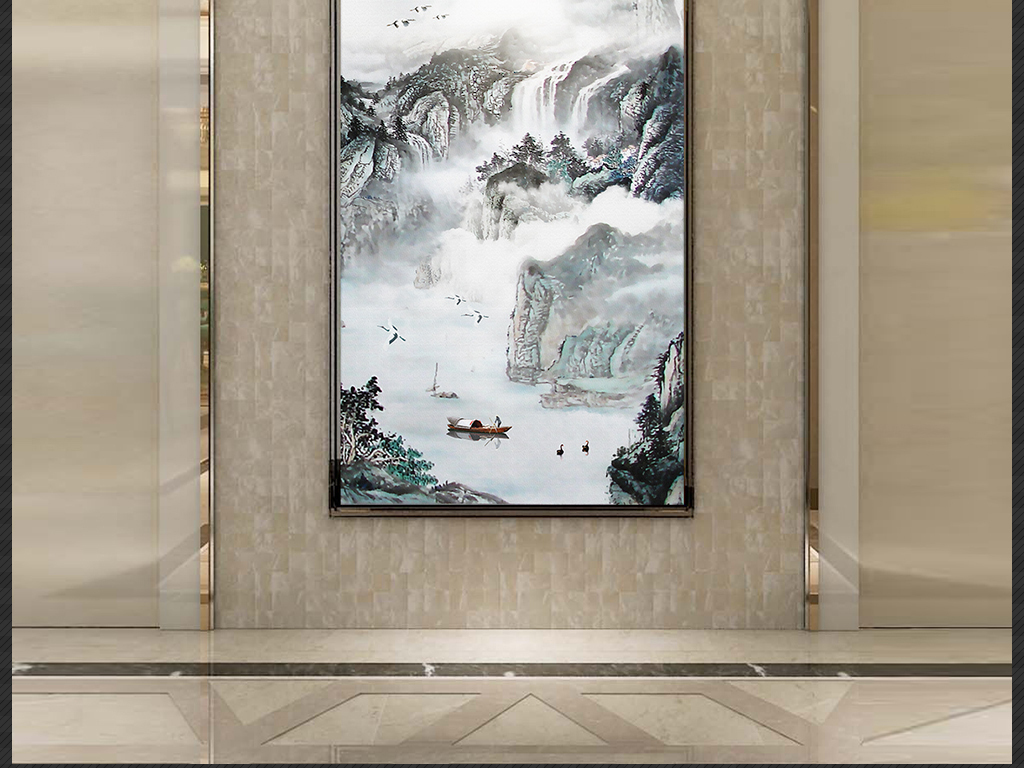 新中式水墨山水国画流水生财玄关山水风景画