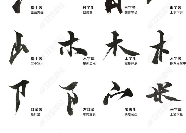 毛笔字偏旁部首笔触笔刷中国风毛笔字体设计图