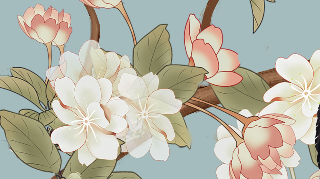 原创新中式海棠花手绘花鸟背景墙装饰画