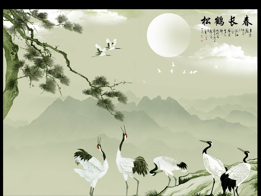 新中式高清分层松鹤山水情背景墙装饰画