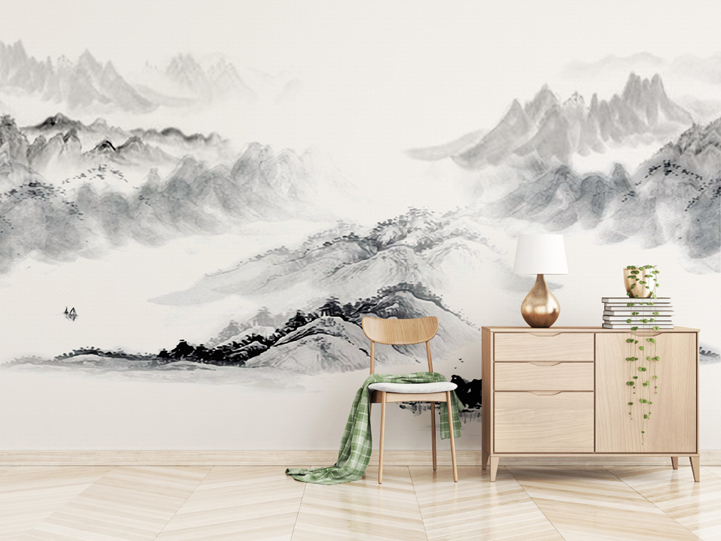 新中式抽象意境水墨山水画背景墙壁画