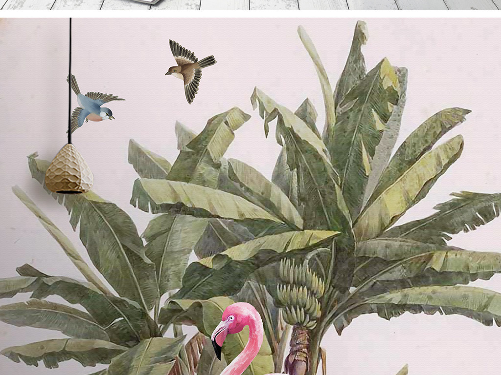 中世纪手绘芭蕉树火烈鸟背景墙壁画