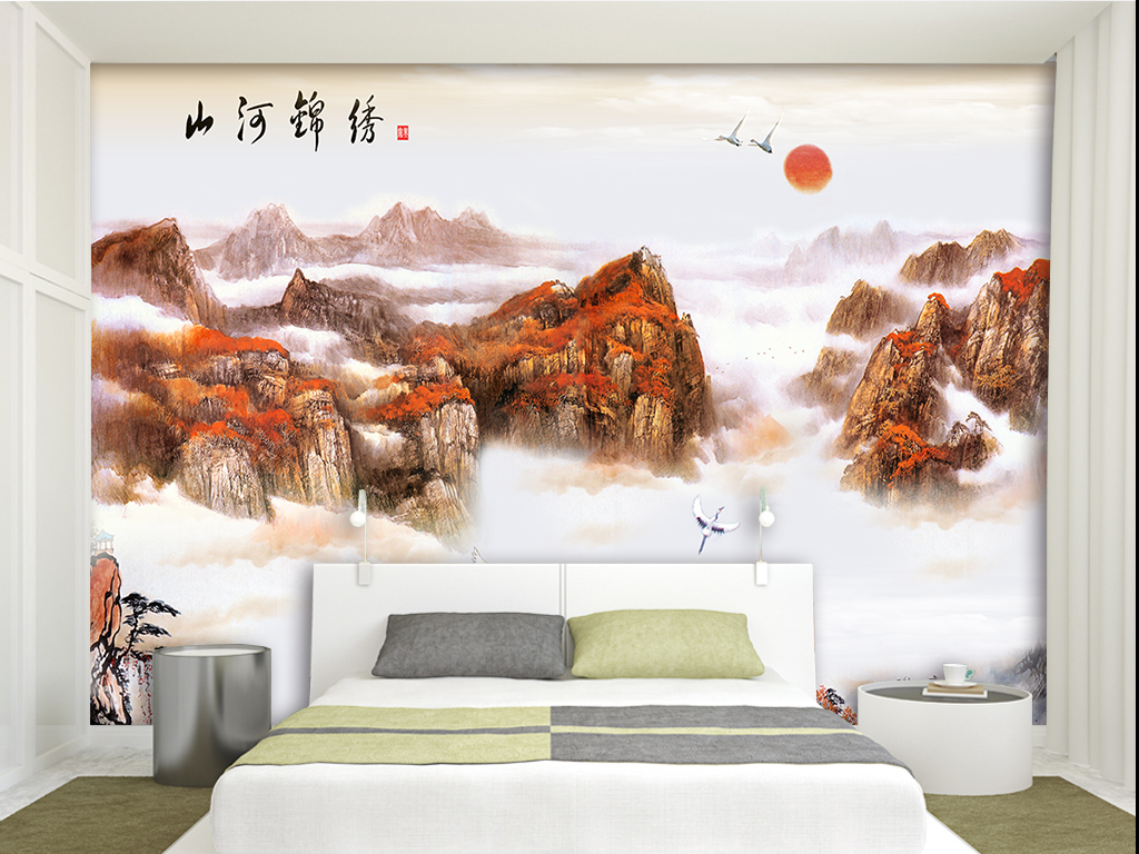 原创山河锦绣中式背景墙版权可商用