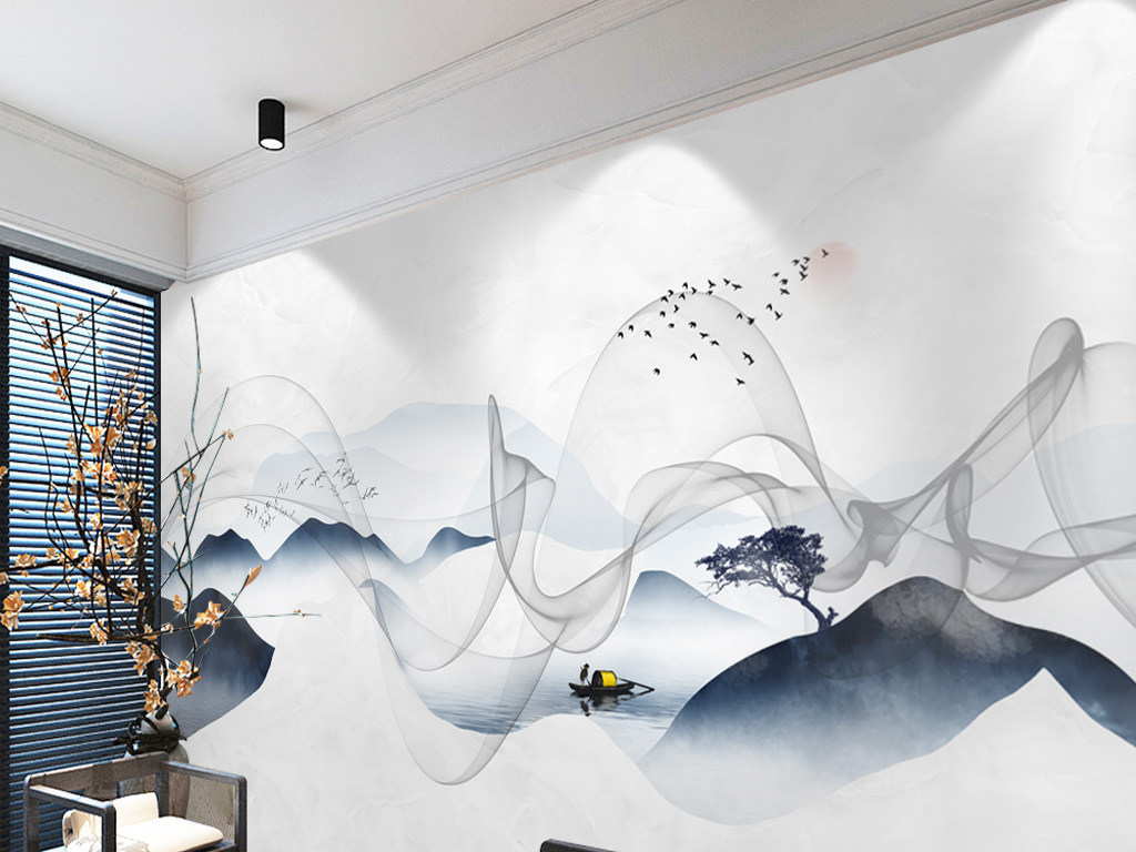原创新中式抽象水墨山水艺术线条电视背景墙壁画