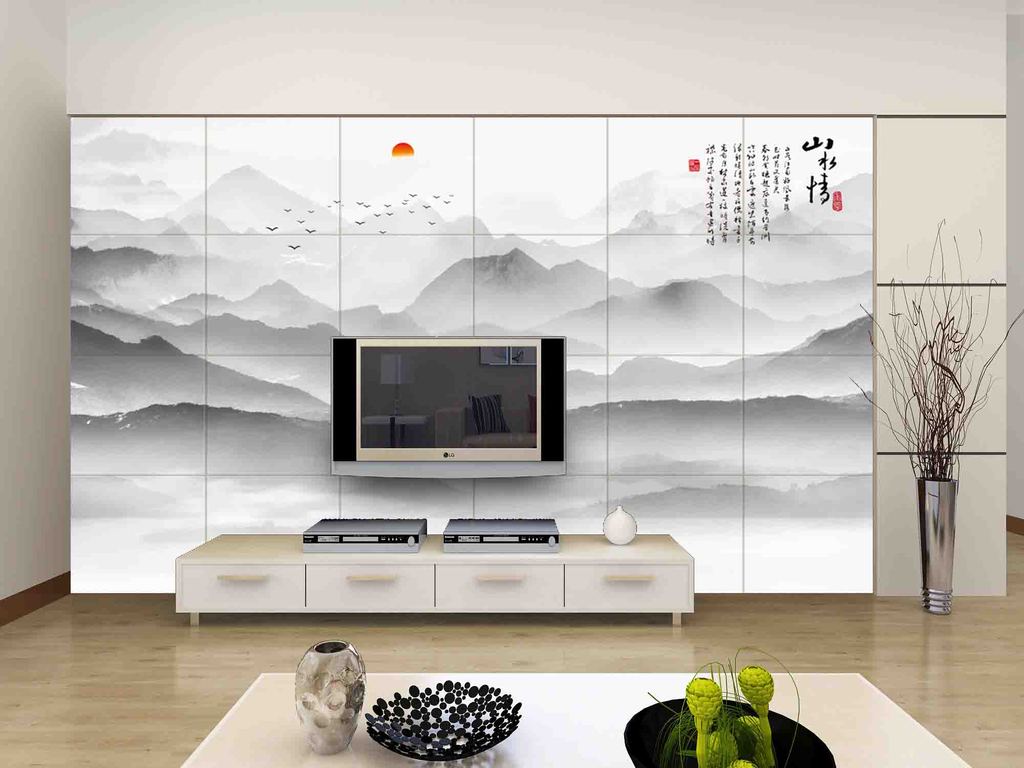 新中式水墨意境山水情电视背景墙装饰画