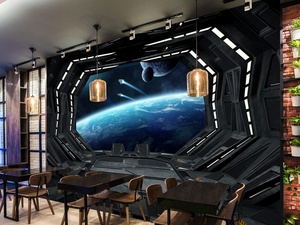 原创宇宙飞船舱门太空星球酒吧ktv背景墙版权可商用