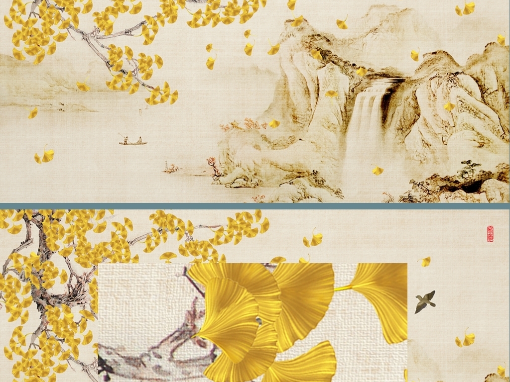 手绘工笔花鸟银杏新中式装饰画电视背景墙