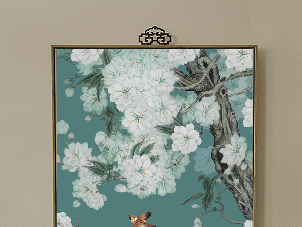 新中式工笔手绘玉兰花鸟玄关背景装饰画
