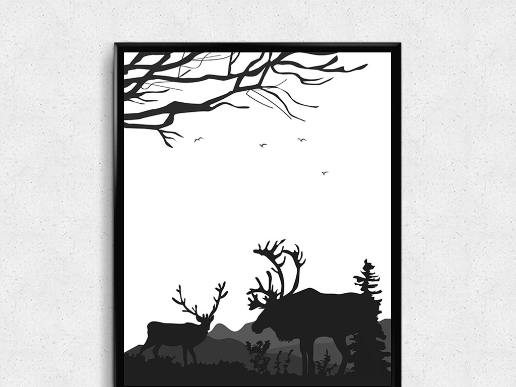 北欧简约山林日落风景装饰画黑白抽象麋鹿剪影装饰画