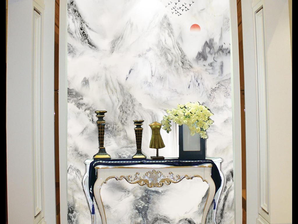 大理石纹中式水墨山水画江山如画石材玄关