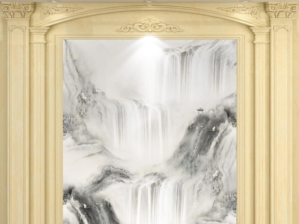 大理石纹中式水墨山水画江山如画石材玄关