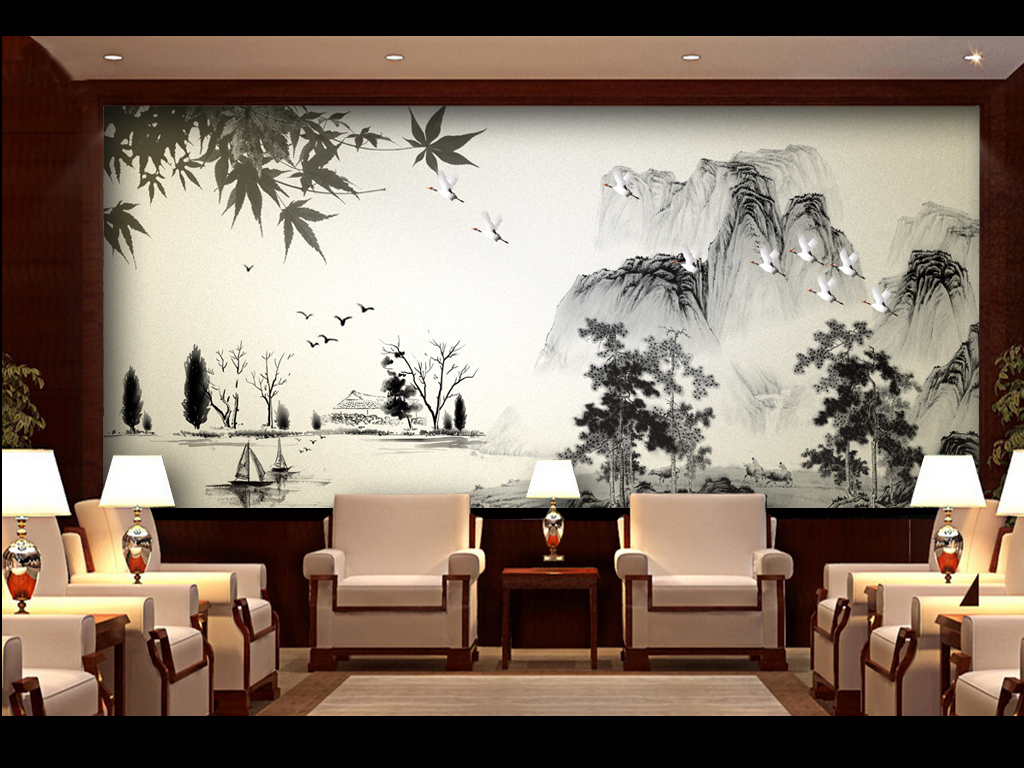 山水国画风景画水墨画装饰画电视背景墙
